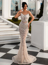 Women Luxury Sexy Strapless Backless Pearl Sequins Maxi Long Beige Gowns Dress Elegant Evening Party Club Dress Vestido