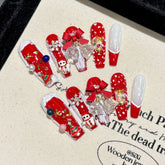10Pcs 3D Christmas Handmade Press on False Nails Cartoon Santa Bow Stick on Fake Nails Winter Snow French Fake Acrylic Nail Tips