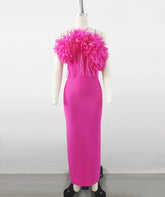 Hot Sale Women Sexy Strapless Feathers Bodycon Long Bandage Dress Fashion Celebrate Evening Party Birthday Outfit Wholesale