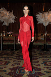 Red Color Women Long Sleeve Shinning Rhinestones Mesh Bodycon Long Dress Fashion Nightclub Party Celebrate Outfit Vestido