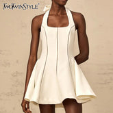 TWOTWINSTYLE Solid Slimming Fashion Mini Dresses for Women Halter Neck Sleeveless Patchwork Bow Tunic Elegant Dress Female New