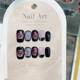 10Pcs Short Square Shimmery Rose Handmade False Nail Lovely Cat Eye Gel Nails with Glue Pearl French Press on Nail Manicure Tips