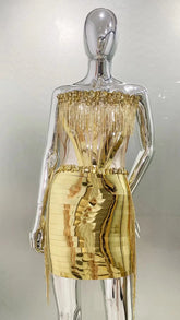 Gold Color Women Sexy Strapless Shinning Crystal 2 Pieces Bodycon Mini Dress Nightclub Party Performance Costume Birthday Dress