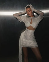 New Arrival White Red Women Long Sleeve Sexy Lace Draped Bodycon Mini Dress Gloves Nightclub Party Celebrate Birthday Dress