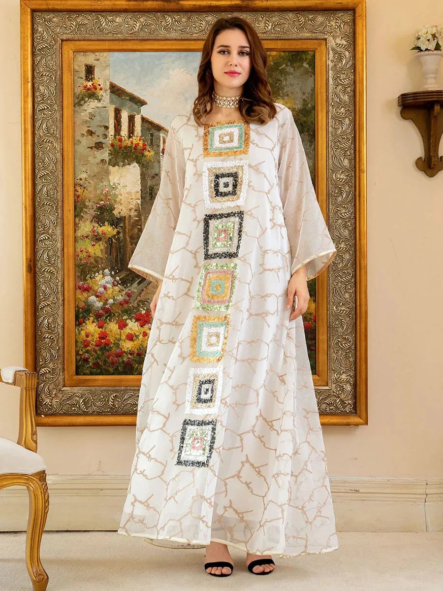 Dubai Luxury Dress Vintage Sequins Embroidery Abaya Long Sleeve Moroccan Arabic Dresses Muslim Ramadan Jalabiya White Dress