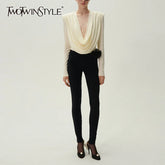 TWOTWINSTYLE Slim Two Piece Set For Women Swinging Collar Long Sleeve Top High Waist Spliced Appliques Pant Casual Sets Female