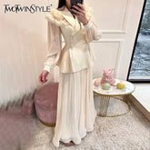 TWOTWINSTYLE Slimming Two Piece Sets for Women Lapel Long Sleeves Spliced Double Bteasted Top Patchwork Mesh Skirt Female New