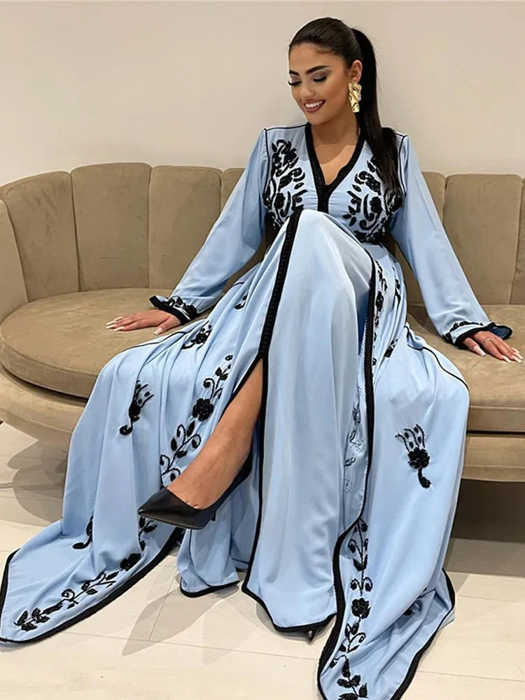 Sky Blue V Neck Moroccan caftan Evening Dresses Long Sleeves Lace Special Occasion Dress Lace Party Gown Blue