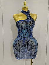 Sexy Sparkly Rhinestones Chains Blue Mesh Short Dress 2025 New Women Party Celebrate Birthday Dresses Photo Shoot Stage Wear