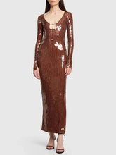 est Women Celebrity Sexy Long Sleeve Brown Mesh Sequins Long Gowns Dress Elegant Evening Party Club Dress Vestido