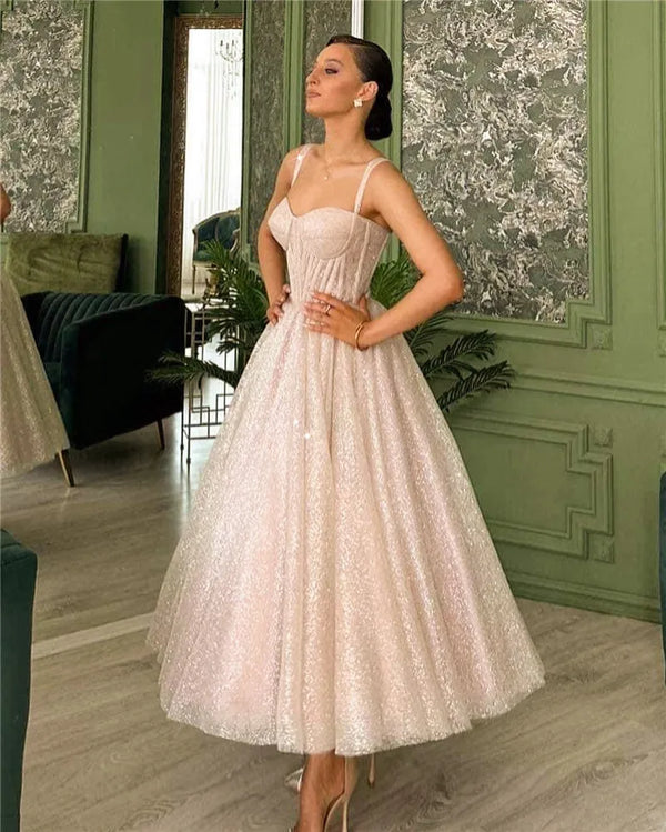 LORIE Shiny Glitter Short Princess Wedding Dresses A Line Spaghetti Straps Bride Dress Sweetheart Neck Corset Wedding Gowns
