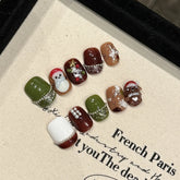 10Pcs Lovely Short Christmas Handmade Nails Cartoon Snowman Stick on Gel Nails with Glue Glitter French False Nail Manicure Tips