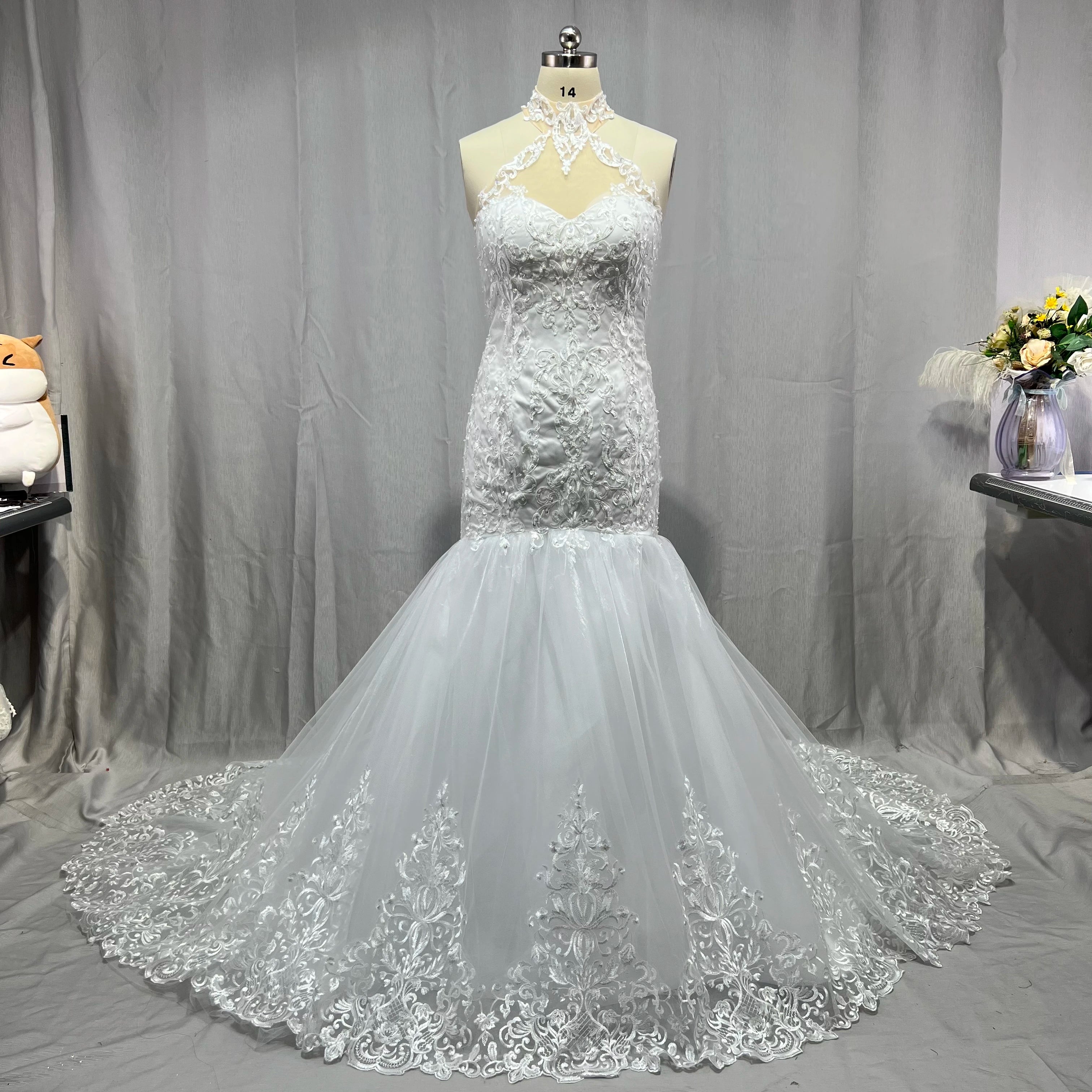 Arabic Aso Ebi Vintage Lace Beaded Wedding Dresses Sheer Neck Mermaid Bridal Dresses Sexy Wedding Gowns