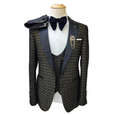 Black and White Men's Suit 3-piece Gold Palace Print Road Wedding Costume Men Clothing Wedding Suits for Men black