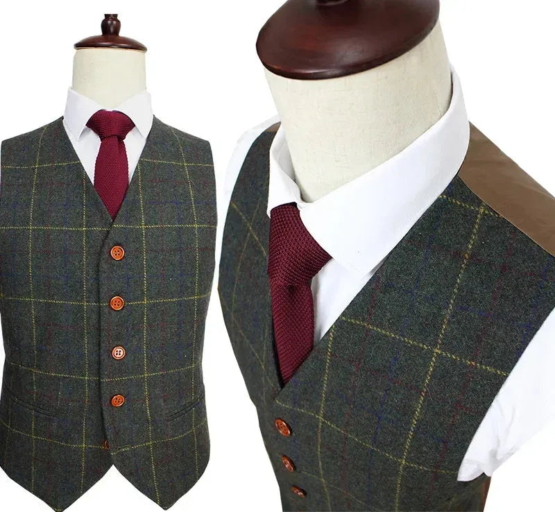 Wool Green Tweed Men Suits for Wedding Custom Made Slim Fit Blazer Groom Tuxedo Male Fashion Costume 3 Pcs Jacket Pants Vest