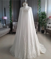 Plus Size Chiffon Long Sleeve Muslim Wedding Gown with Cape High Neck Pearls Lace Robe De Soirée De Mariage Bride Dress New WHITE