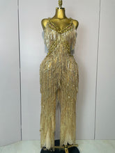 Shiny Gold Rhinestones Sequined Fringe Wide-leg jumpsuit 2025 Women Sexy Night Party Club Outfit Singer Stage Perform Costume