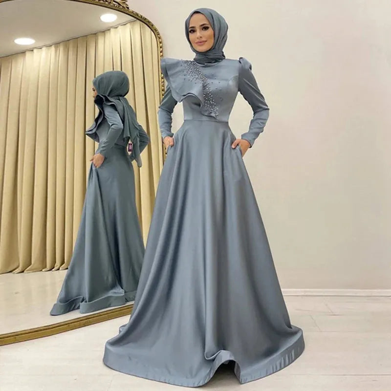 Blue Long Sleeve Hijab Prom Dresses Satin Beaded A Line High Neck Arabic Dubai Formal Dress Evening Gowns for Women picture color