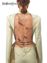 TWOTWINSTYLE Backless Spliced Button Blazers For Women Notched Collar Long Sleeve Patchwork Chain Chic Blazer Female Fashion New