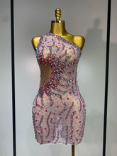 Women Sexy Mesh See Through Rhinestone Mini Dress Stage Dancer One Shoulder Stretch Night Club Party Birthday Dress Stage Outfit