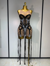 Luxury Birthday Sparkle Sequins Diamonds Long Tassel Sleeveless Mini Dress Women Red Carpet Goddess Stage Performance Costume