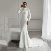 Simple Lace Mermaid Wedding Dresses Long Sleeve High Neck Muslim Bride Dress Satin Wedding Gowns Vestido De Noiva Ivory