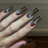 Autumn Coffee Long Coffin False Nails with Blue Flame Pattern Acrylic Press On Nails Full Cover Stick-on Fake Nails 24Pcs