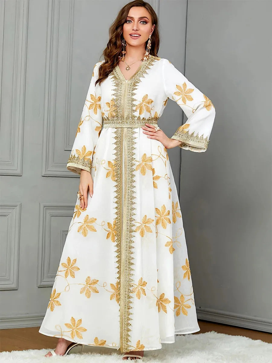 Fashion Abaya Marocain Femme For Uae Dubai Kuwaiti Women's Jalabiyat 2 Piece Set Full Sleeve Belted Gown Evening Dress White Dress