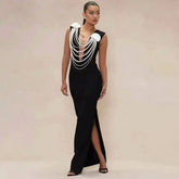New Arrival Women Sexy Sleeveless Pearl Beading Bodycon Bandage Long Dress Celebrate Evening Party Nightclub Outfit Vestido