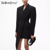 TWOTWINSTYLE Solid Minimalist Blazer For Women Notched Collar Long Sleeve Patchwork Pockets Irregular Coat Female Fashion Style
