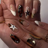 Autumn Brown French Press On Nails, 24Pcs Y2K Girls Wearable Fake Nails Star Printed, Spicy Girls Charm Manicure Diamond Decor
