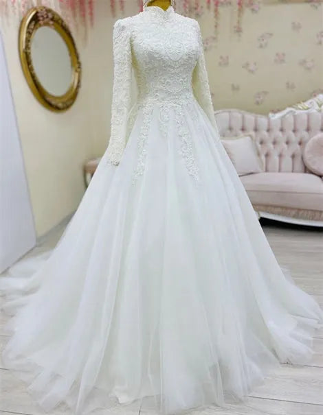 Elegant High Neck Muslim Wedding Dress Lace Long Sleeves Ivory Arabic Ball Gowns Tulle Bridal Dresses Robe De Mariage