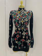 Sexy Sparkle Multicolor Rhinestones Black Velvet Gloves Slit Short Dress 2025New Women Evening Birthday Party Club Stage Costume