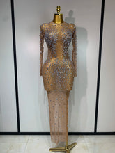 Women Sexy Long Sleeve Bodycon Dress Luxury Birthday Evening Party Glitter Rhinestones Mesh See Through Prom Gown Stage Outfit
