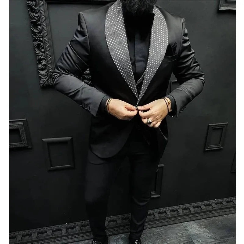 Check Dots Black Men Suits Shawl Lapel Formal Wedding Groom Tuxedos Italian Style Slim Fit Prom Blazer 3 Pcs (Jacket+Pant+Vest)