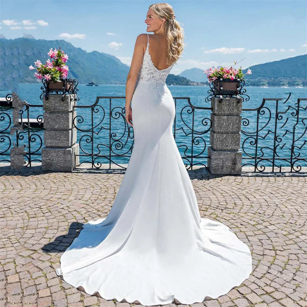 Yunshang Elegant Mermaid Wedding Dress Women Lace Open Back V-Neck Applique Spaghetti Straps Bridal Gown Train Vestidos De Novia