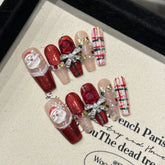 10Pcs Long Coffin Christmas Handmade Press on Nails with Bow Diamond Cartoon Santa Snow Nail Art Sweet Checkered False Nail Tips
