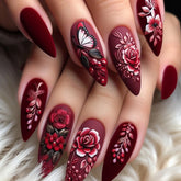 Matte Red Fake Nails with Flower Butterfly Printed Women Lady Wearable Press on Nails Stick-on Artificial Nails Tips 24Pcs