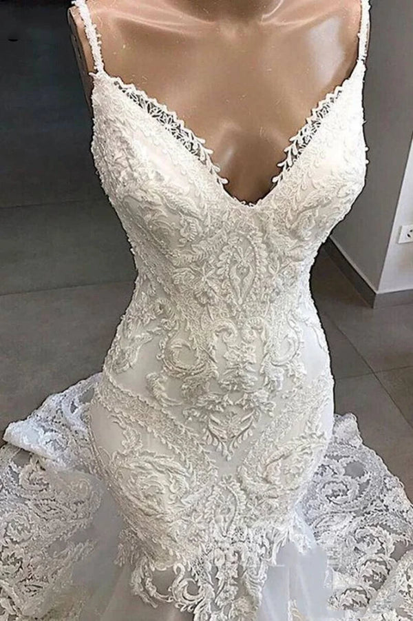 Haute Couture Elegant White Embroidery Spaghetti Strap Bride Dress Mermaid Appliques Sweep Train Floor-Length Wedding Dress