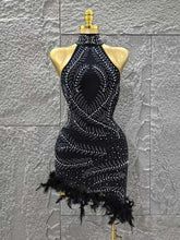 Black Color Women Sexy Off the Shoulder Beading Feathers Bodycon Mini Bandage Dress Celebrate Nightclub Party Bar Singer Outfit