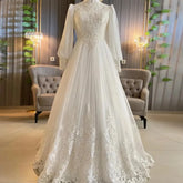 Dubai Ivory Muslim Lace Weddings Dresses High Neck Hijab Bridal Gown for Bride Full Sleeves Vestido De Casamento Ivory
