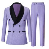 Mens Suits Double Row 6 Buttons Wedding Tuxedo Slim Fit Grooms Jacket+Pants 2PCS Violet Jacquard Black Bright Collar Lapel Lavender