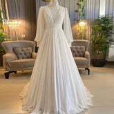 Chiffon Pearls Muslim Bridal Dress for Bride High Neck Dubai Full Sleeves Hijab Wedding Gown suknia ślubna Ivory