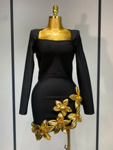Women Long Sleeve Sexy Square Collar Gold Flower Bodycon Mini Bandage Dress Celebirty Elegant Nightclub Luxury Birthday Dresses