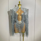 2025New Arrival Luxury Sparkly Rhinestone Sequin Tassel Coat Skirt 2Pcs Women Birthday Party Nightclub Stage Performance Costume