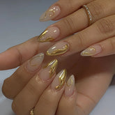 24Pcs Mid-length Almond False Nails Press on 3D Gold Irregular Design Fake Nail Simple Reusable Artificial Full Cover Nails Tips