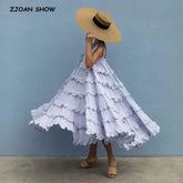 BOHO Stitching Lace Ruffles Tide Bow Spaghetti Strap Dress Ethnic Woman Slash Collar Long Big Swing Cake Dresses Holiay Robe