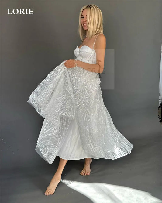 LORIE Spaghetti straps Wedding Dresses A Line Shiny Glitter Tea Length Bride Dress Sweetheart Neck Vestidos de novia 2024