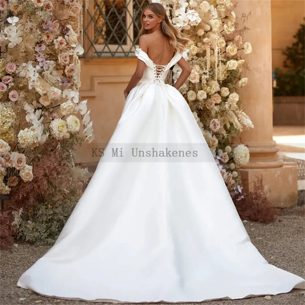 Ivory Mermaid Wedding Dresses Detachable Train Off Shoulder 3D Flowers Bride Dress Satin Overskirt Wedding Gowns Plus Size