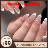 24pcs Simple French White Patchwork Fake Nails Sparkling Diamond Full Cover Almond Press on Nails Nail Tip